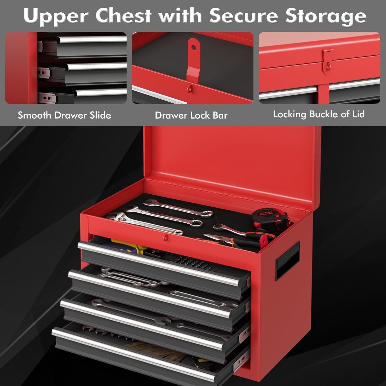 Rolling Tool Chest, 5-Drawer Tool Box Organizer W/Lockable Wheels & Sliding Drawers & Detachable Top & Adjustable Shelf, Tool Storage Cabinet for Garage Workshop (Red+Black)