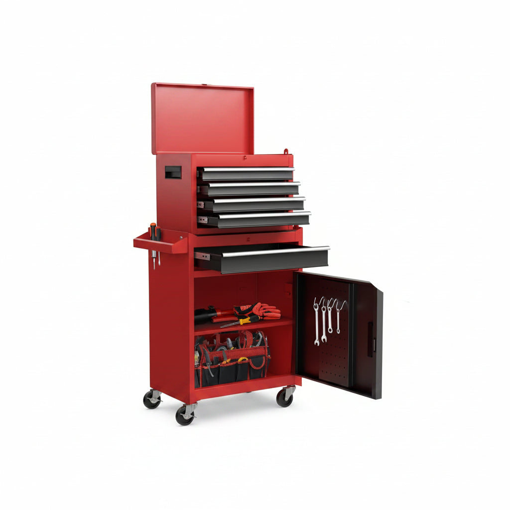 Rolling Tool Chest, 5-Drawer Tool Box Organizer W/Lockable Wheels & Sliding Drawers & Detachable Top & Adjustable Shelf, Tool Storage Cabinet for Garage Workshop (Red+Black)
