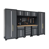 9-Piece Garage Shop Tool Storage Cabinet Set with Pegboard and Wooden Work Top 24 Gauge Steel Tool Chests & Garage Mounted Storage Systems - Black+Gray