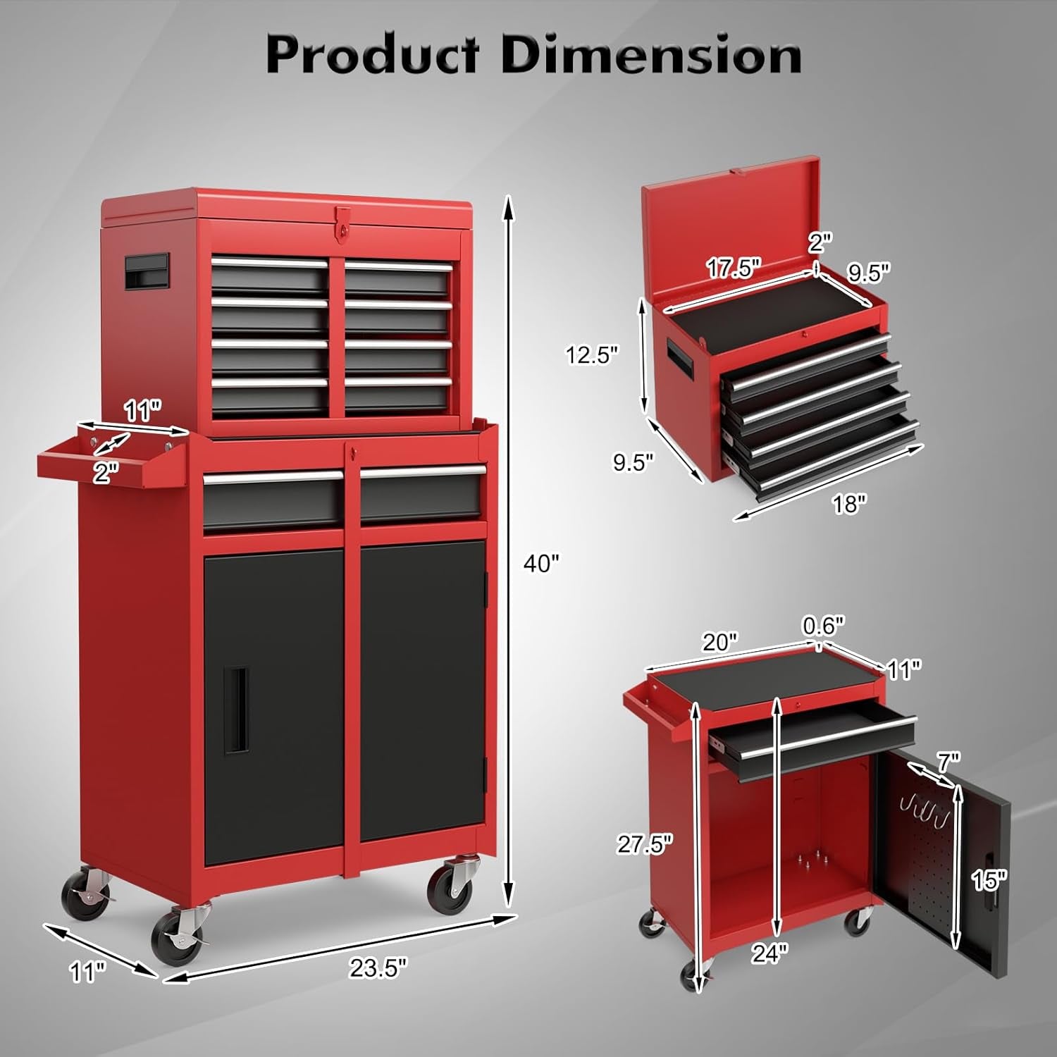 Rolling Tool Chest, 5-Drawer Tool Box Organizer W/Lockable Wheels & Sliding Drawers & Detachable Top & Adjustable Shelf, Tool Storage Cabinet for Garage Workshop (Red+Black)
