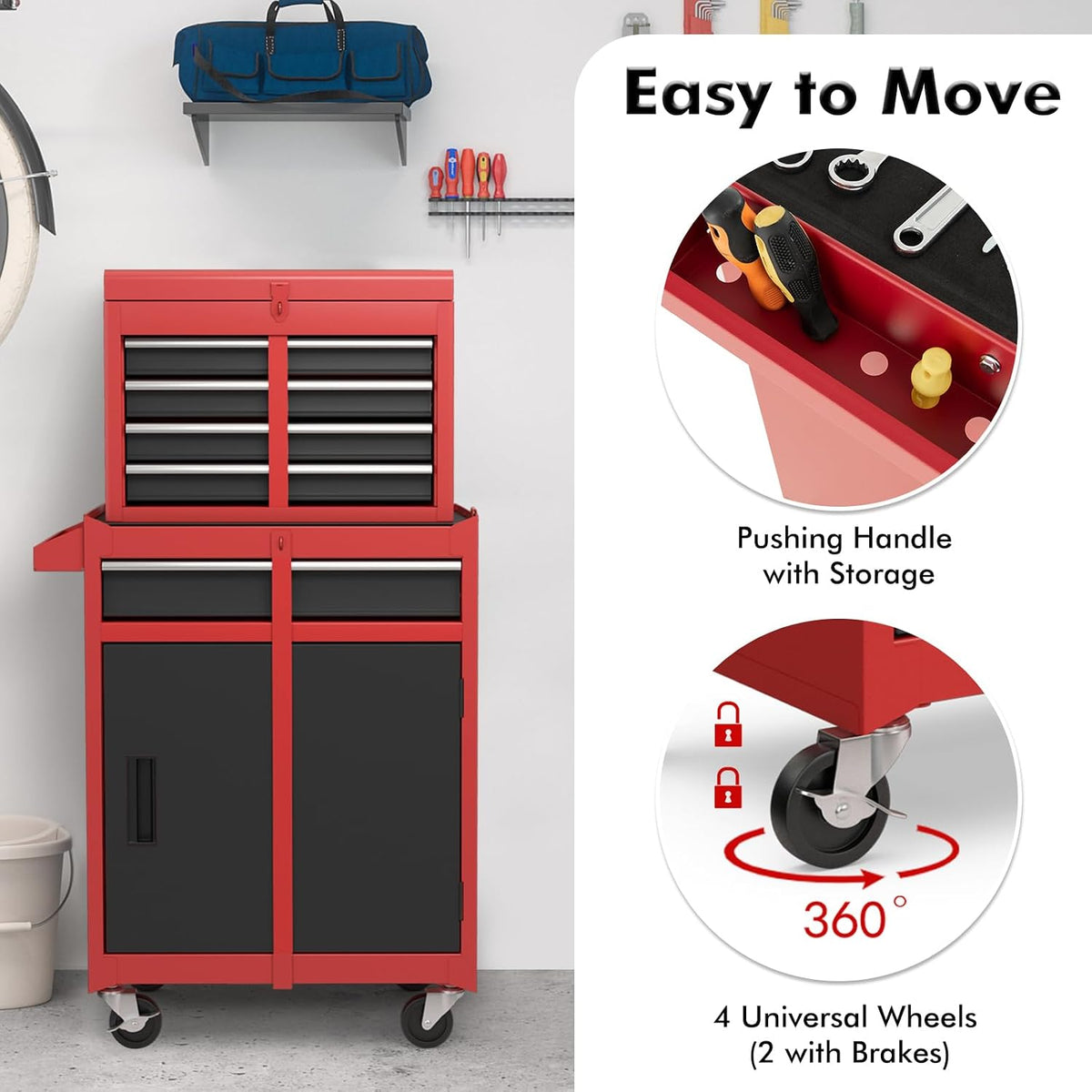 Rolling Tool Chest, 5-Drawer Tool Box Organizer W/Lockable Wheels & Sliding Drawers & Detachable Top & Adjustable Shelf, Tool Storage Cabinet for Garage Workshop (Red+Black)