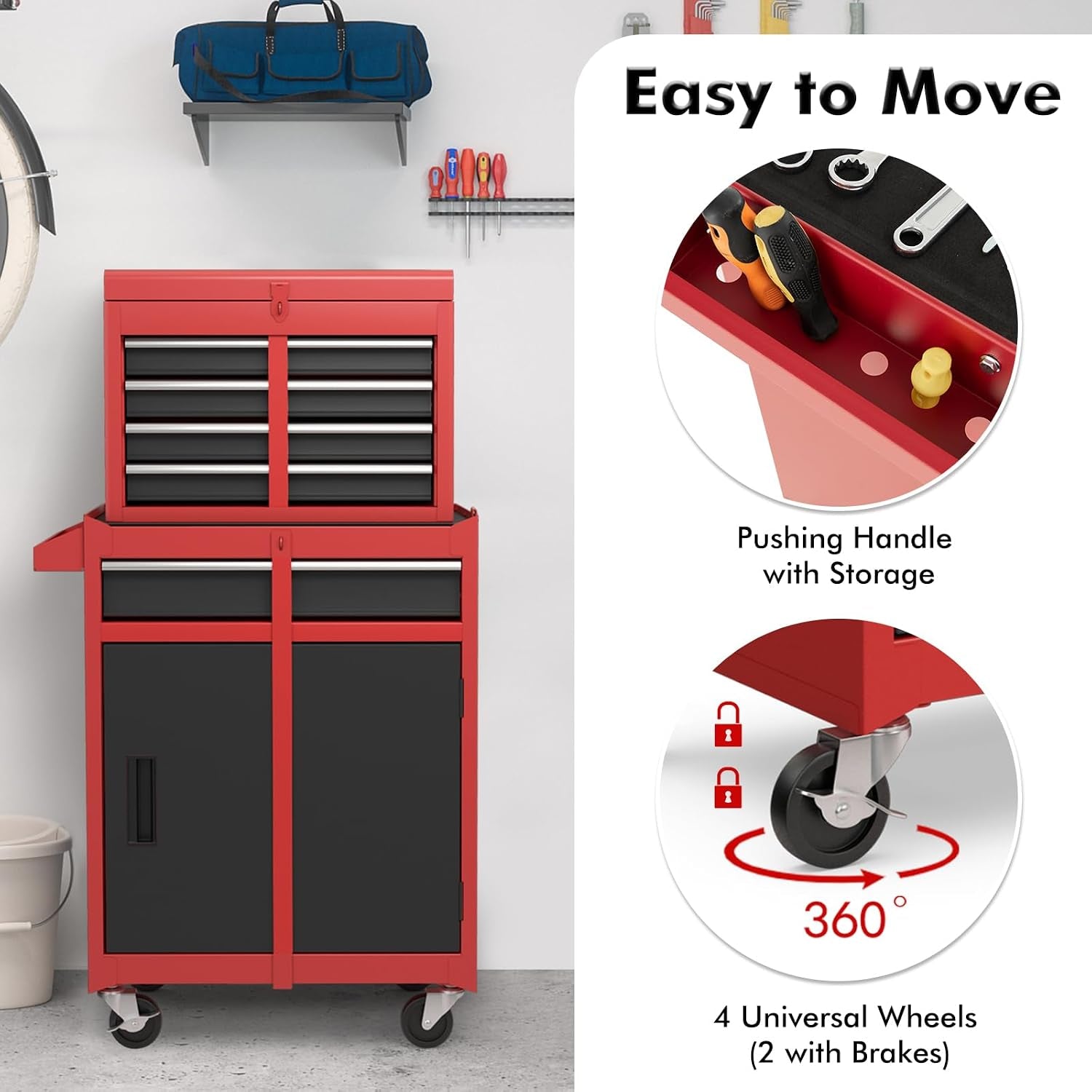 Rolling Tool Chest, 5-Drawer Tool Box Organizer W/Lockable Wheels & Sliding Drawers & Detachable Top & Adjustable Shelf, Tool Storage Cabinet for Garage Workshop (Red+Black)