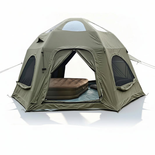 Inflatable Camping Tents 8-10 Person,129 Square Feets Large Inflatable Camping Tent with Stove Jack,Blow up Tent with Mesh Windows & Pump