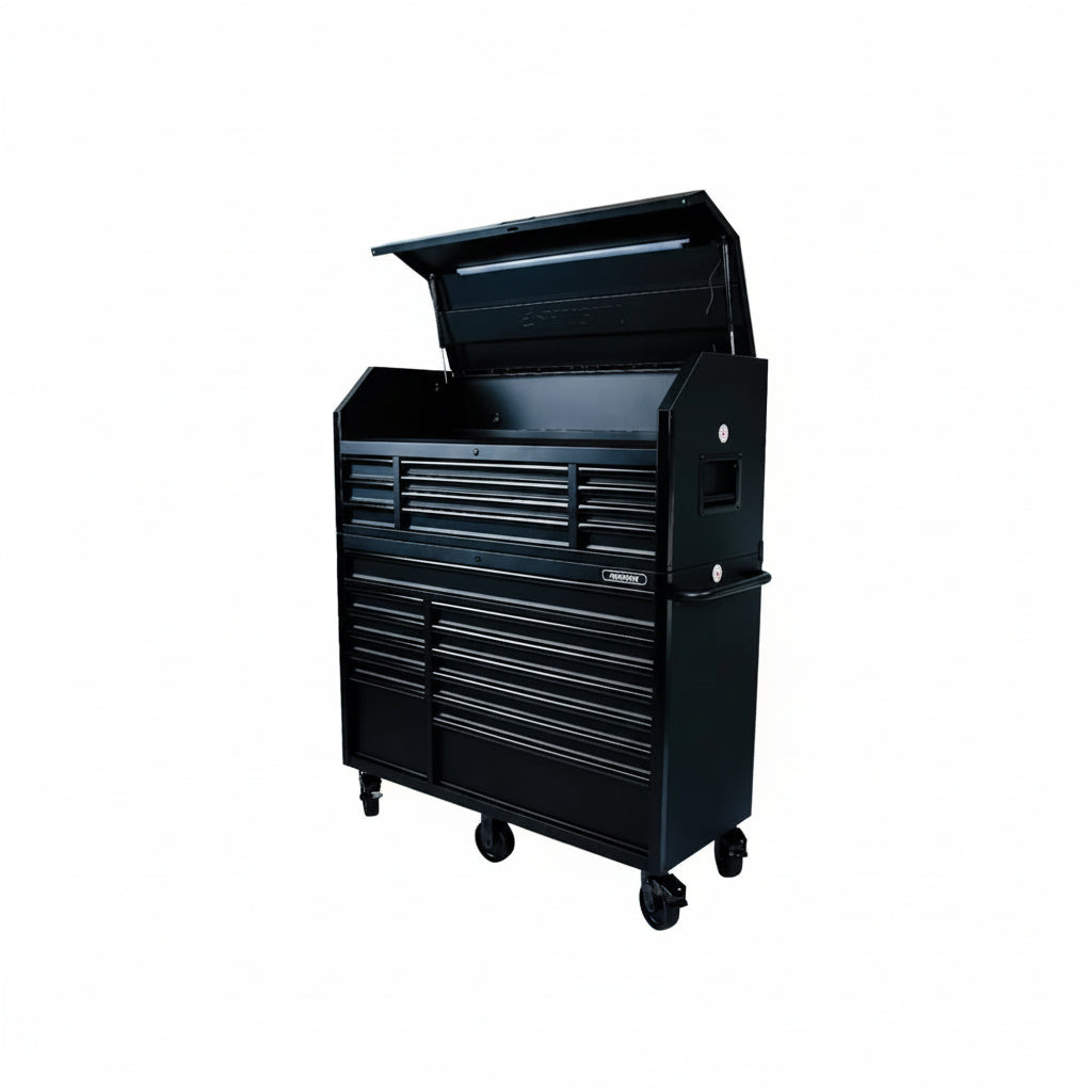 56 In. W X 22 In. D Heavy Duty 23-Drawer Combination Rolling Tool Chest and Top Tool Cabinet Set in Matte Black