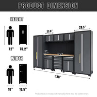 9-Piece Garage Shop Tool Storage Cabinet Set with Pegboard and Wooden Work Top 24 Gauge Steel Tool Chests & Garage Mounted Storage Systems - Black+Gray