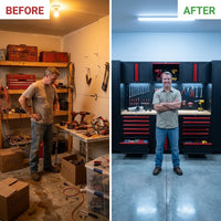 Garage Storage Cabinet System - 2 * 6-Pcs Workshop Set | with Steel Cabinet Drawers, Tool Chest, Workbench, Pegboard for Tool Organization — Before & After