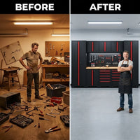 Garage Storage Cabinet System Built for Workshop Organization, Cold-Rolled Steel, 12-Piece Set, Wall Mount — Before & After