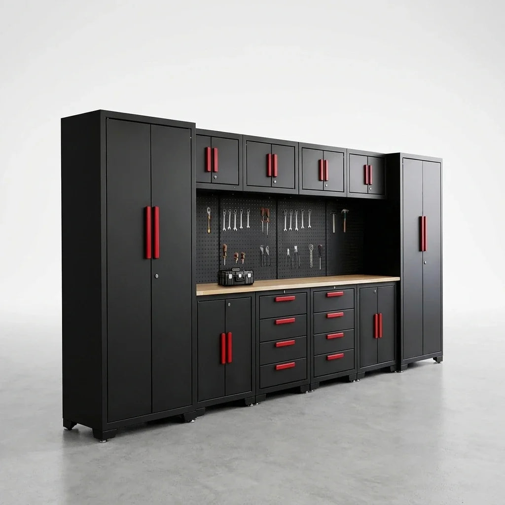 Garage Storage Cabinet System Built for Workshop Organization, Cold-Rolled Steel, 12-Piece Set, Wall Mount — Studio Shot