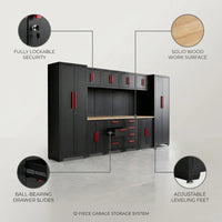 Garage Storage Cabinet System Built for Workshop Organization, Cold-Rolled Steel, 12-Piece Set, Wall Mount — infographic