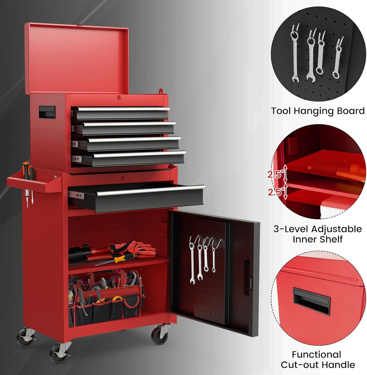 Rolling Tool Chest, 5-Drawer Tool Box Organizer W/Lockable Wheels & Sliding Drawers & Detachable Top & Adjustable Shelf, Tool Storage Cabinet for Garage Workshop (Red+Black)