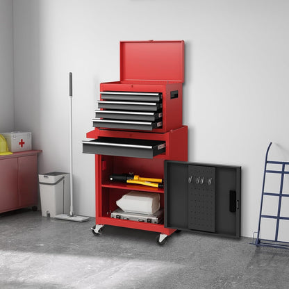 Rolling Tool Chest, 5-Drawer Tool Box Organizer W/Lockable Wheels & Sliding Drawers & Detachable Top & Adjustable Shelf, Tool Storage Cabinet for Garage Workshop (Red+Black)